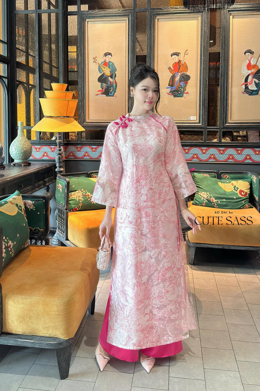 Nhien Ha - Pink Leaf Foliage Ao Dai Set |Pre-made Traditional Vietnamese Women Ao Dai with Pants|Lunar New Year|Ao Dai Cach Tan