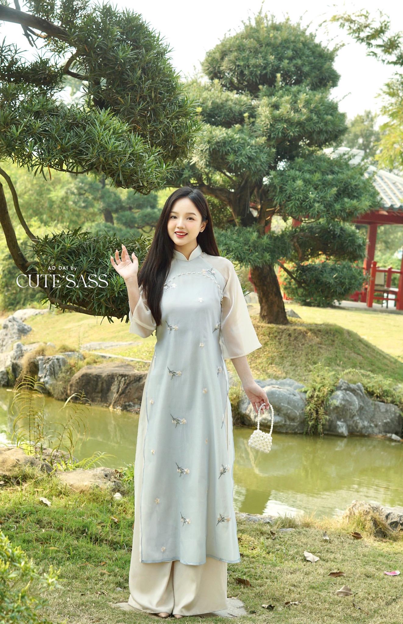 Pastel Blue Sakura Pearls with Sheer Sleeves Ao Dai Top Only, NO PANTS |Pre-made Modernized Vietnamese Ao Dai|Pastel Pink Ao Dai|