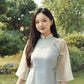 Pastel Blue Sakura Pearls with Sheer Sleeves Ao Dai Top Only, NO PANTS |Pre-made Modernized Vietnamese Ao Dai|Pastel Pink Ao Dai|