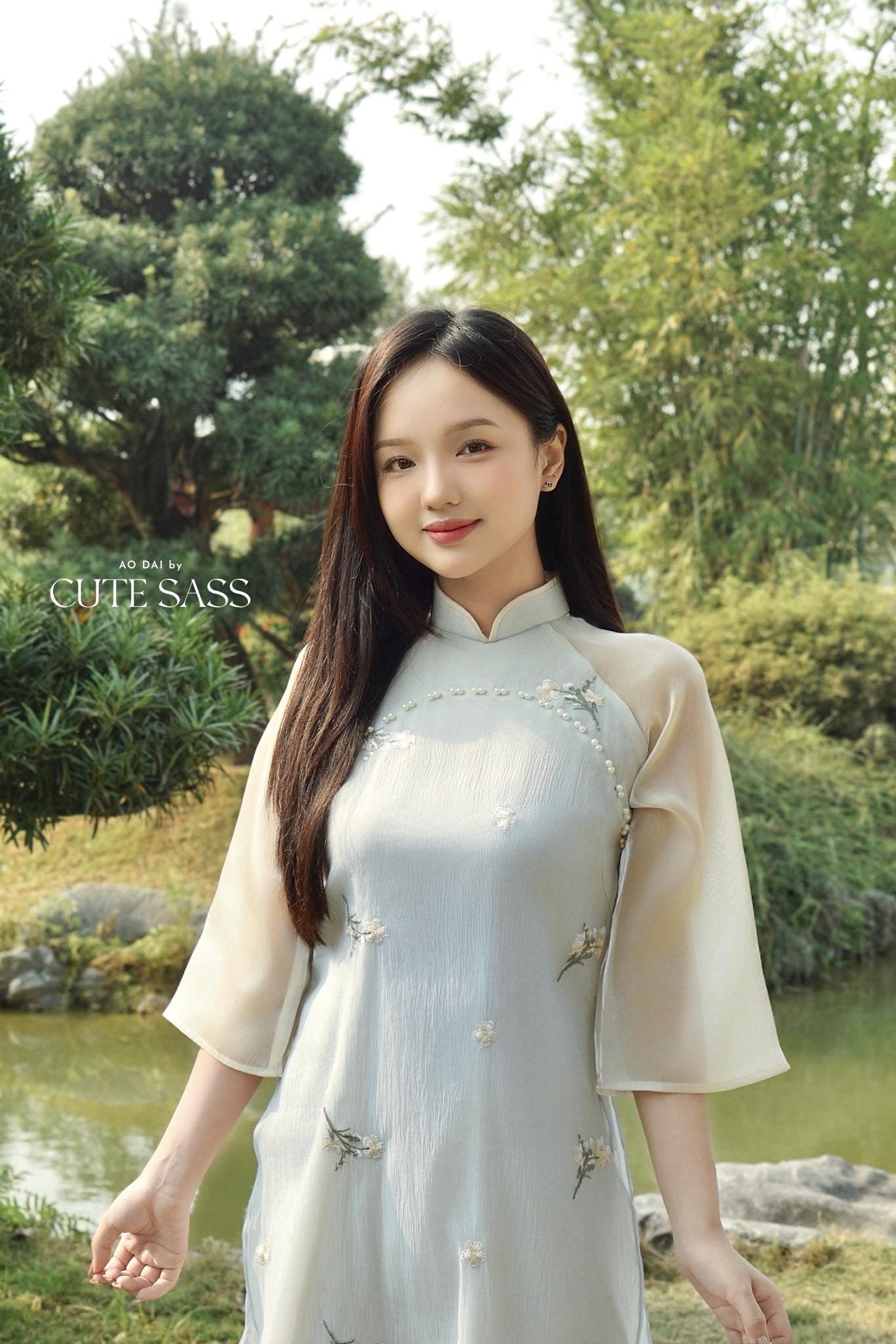 Pastel Blue Sakura Pearls with Sheer Sleeves Ao Dai Top Only, NO PANTS |Pre-made Modernized Vietnamese Ao Dai|Pastel Pink Ao Dai|