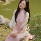 Pink Sakura Pearls with Sheer Sleeves Ao Dai Top Only, NO PANTS |Pre-made Modernized Vietnamese Ao Dai|Pastel Pink Ao Dai|