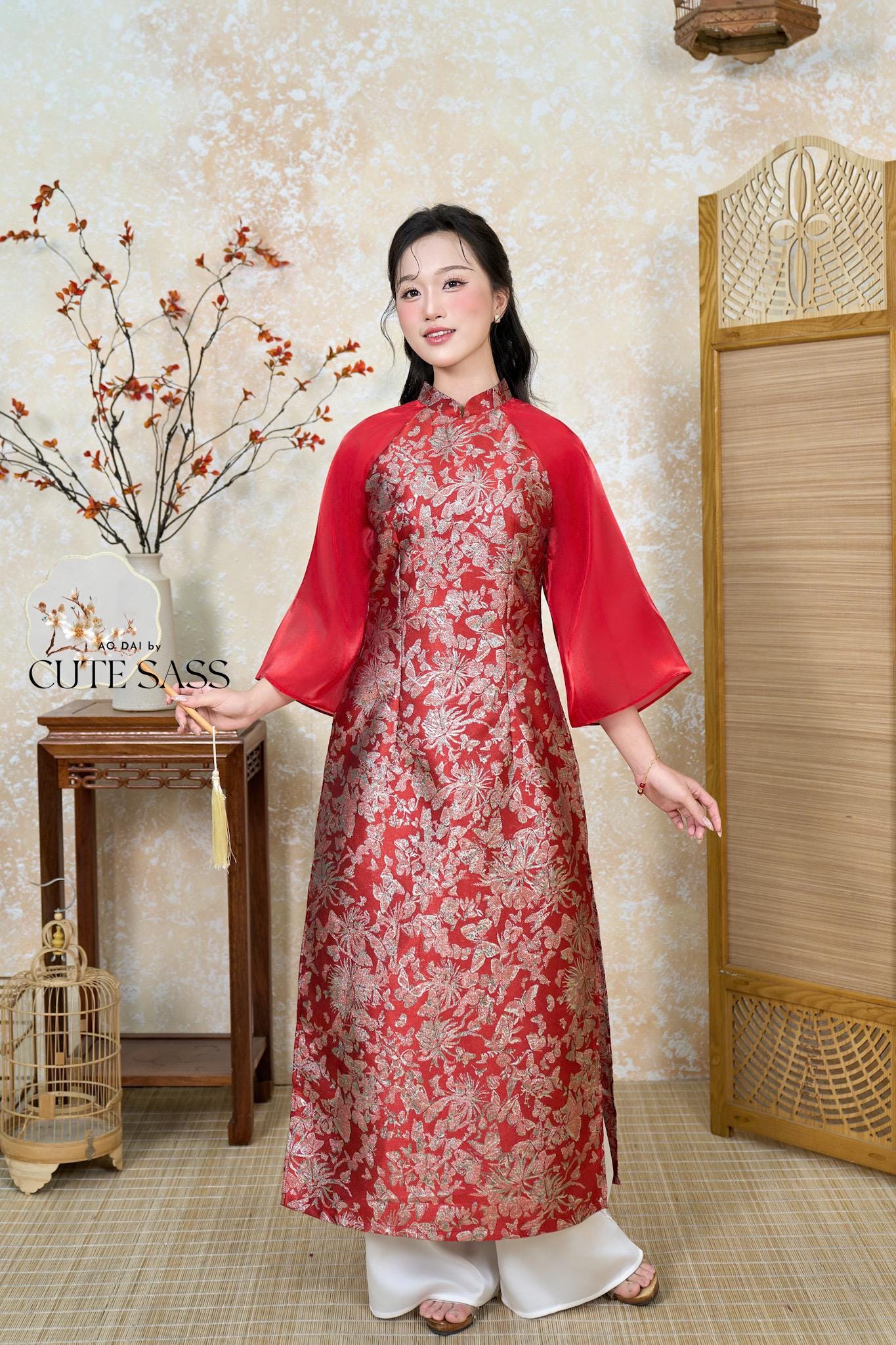 Nhu Y - Mom and Daughter Red/Gold Butterflies Matching Ao Dai Set