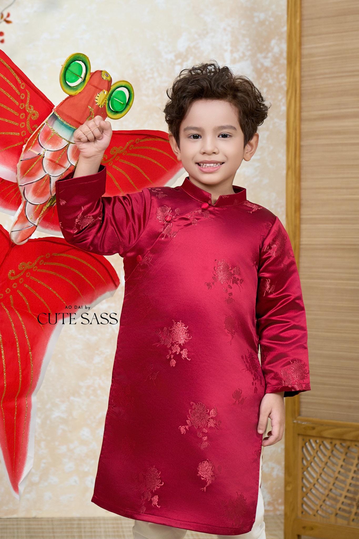 Nhu Y - Men and Boy Maroon Matching Ao Dai Set