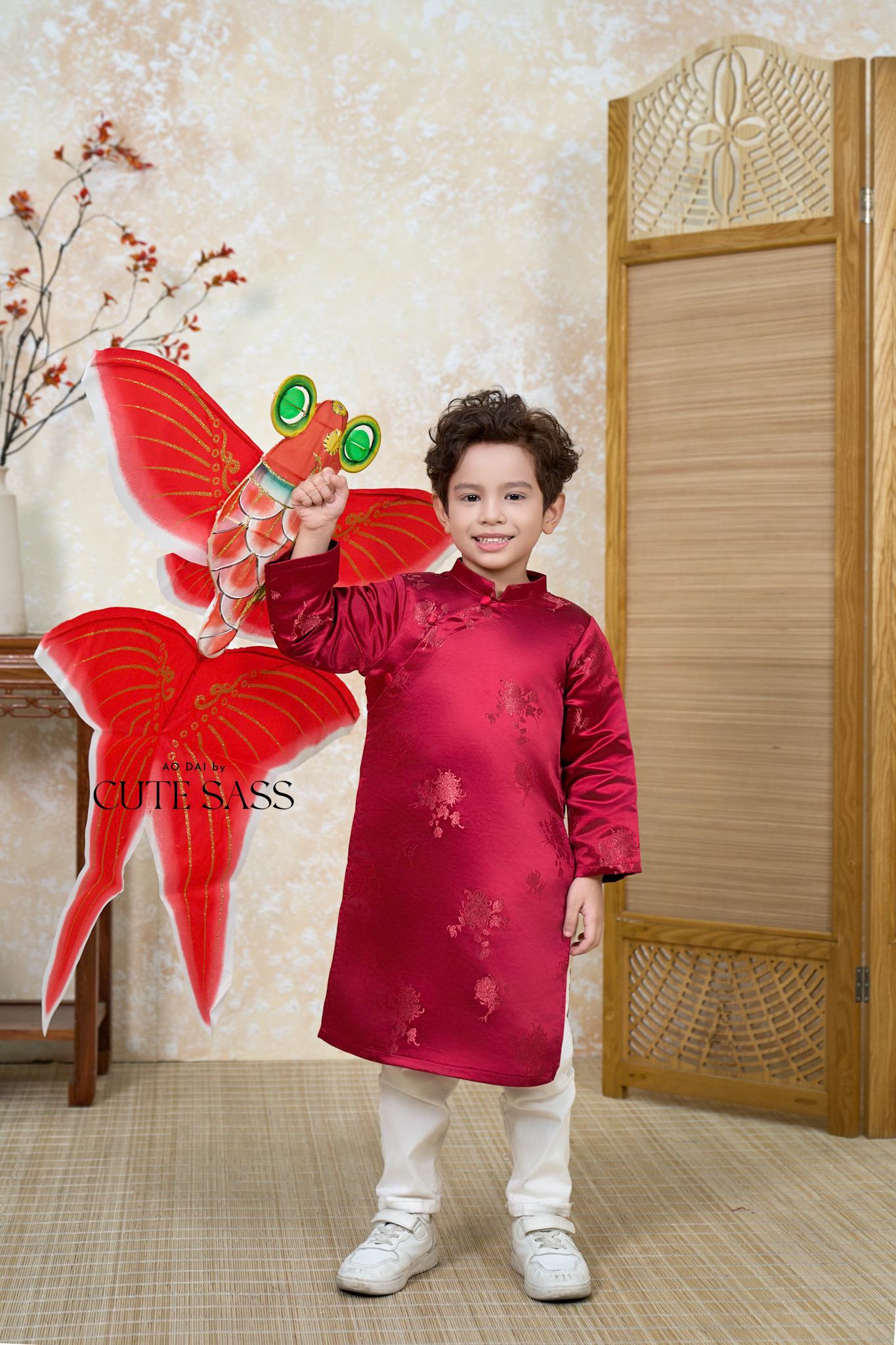 Nhu Y - Men and Boy Maroon Matching Ao Dai Set