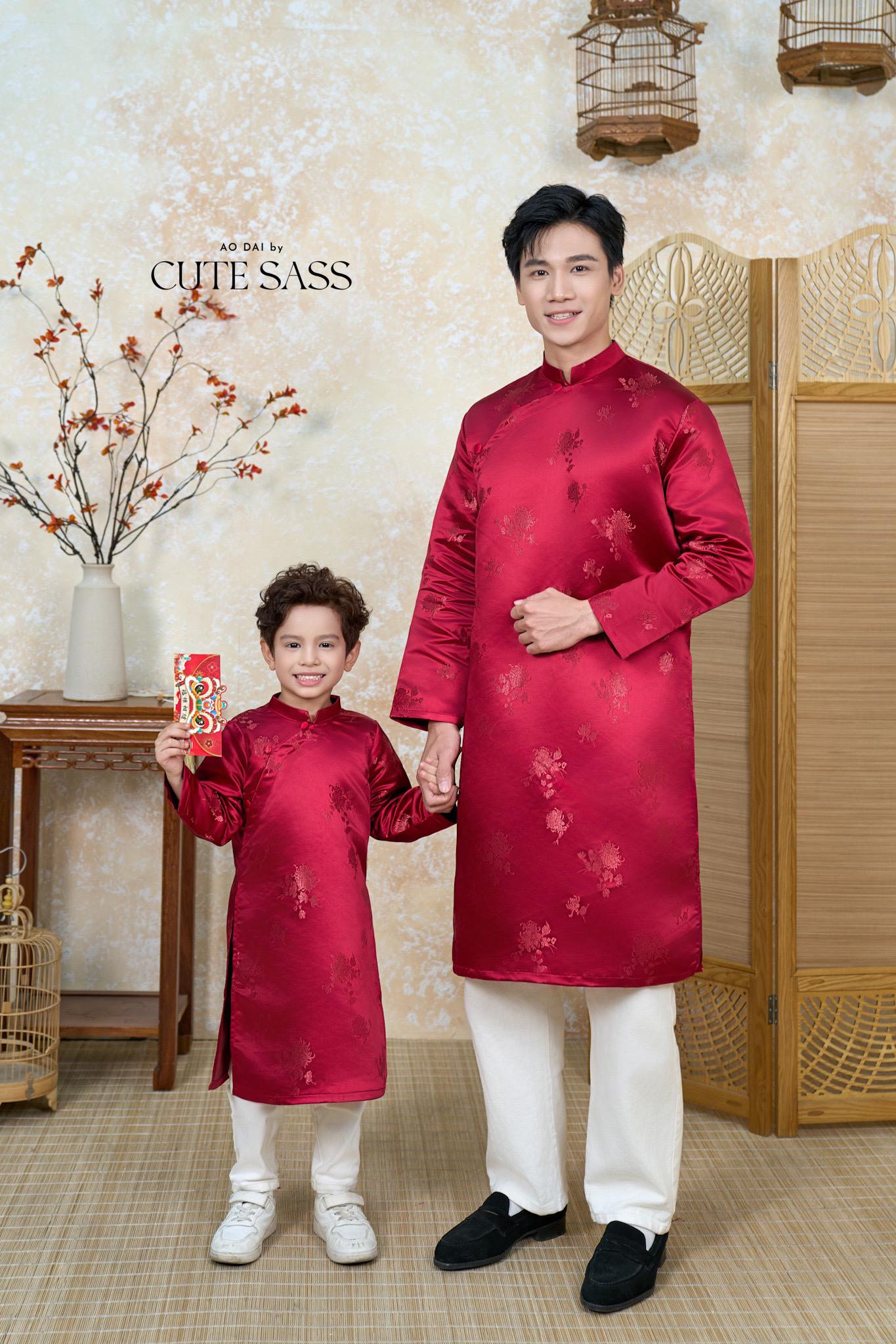 Nhu Y - Men and Boy Maroon Matching Ao Dai Set