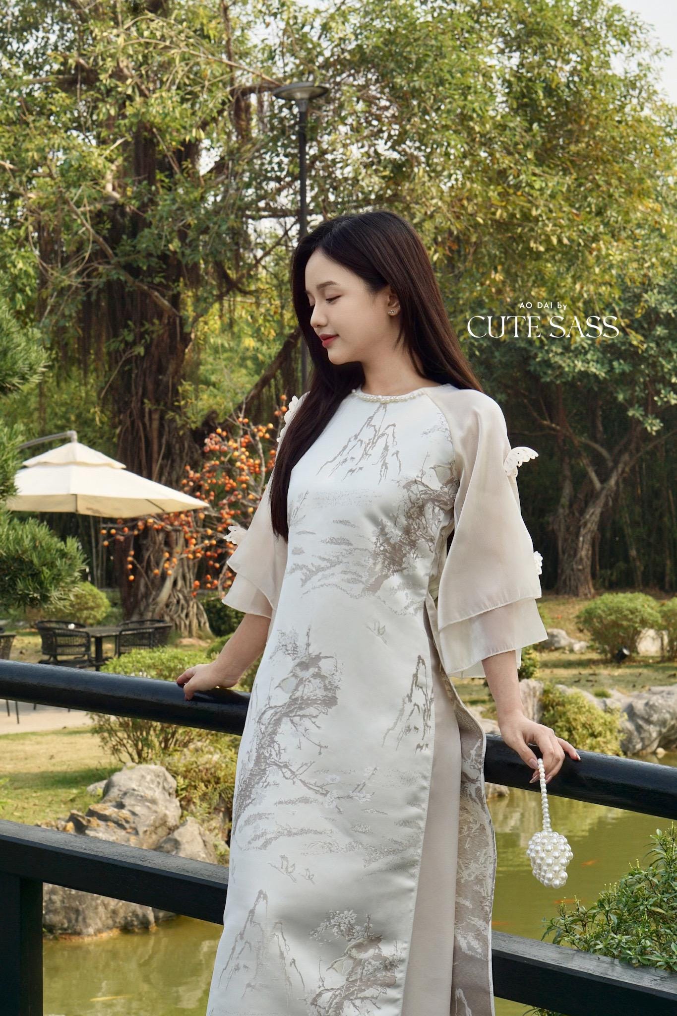 Cream Shiny Mountain Pearl Neckline and Butterflies Sleeves Ao Dai Top Only, NO PANTS 35C|Pre-made Vietnamese Ao Dai | Lunar New Year|