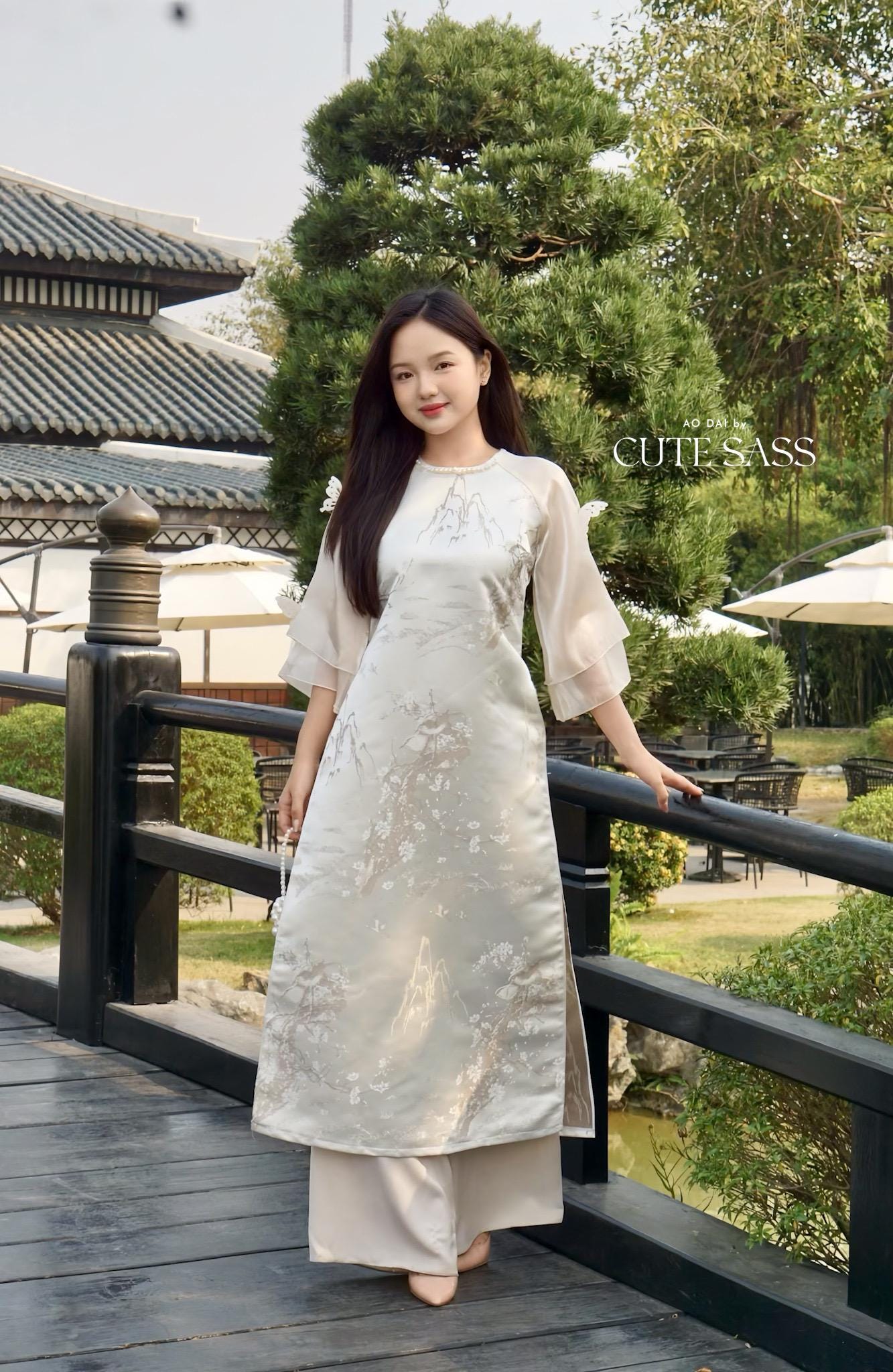 Cream Shiny Mountain Pearl Neckline and Butterflies Sleeves Ao Dai Top Only, NO PANTS 35C|Pre-made Vietnamese Ao Dai | Lunar New Year|