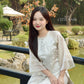 Cream Shiny Mountain Pearl Neckline and Butterflies Sleeves Ao Dai Top Only, NO PANTS 35C|Pre-made Vietnamese Ao Dai | Lunar New Year|