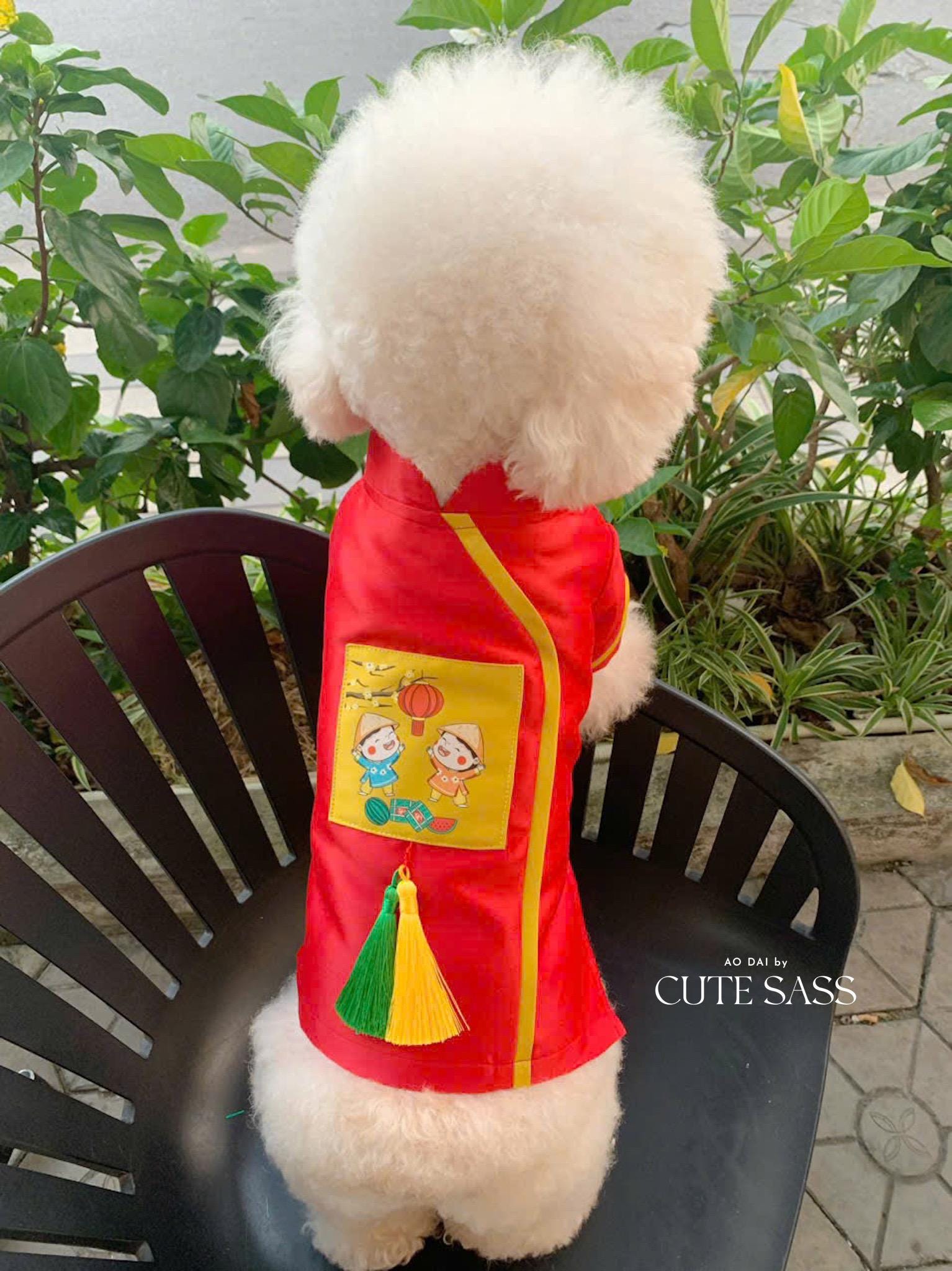 Pet Red Banh Tet Tassel Ao Dai 3B| Pet Ao Dai Costume | Vietnamese Pet Outfit | Cute Dog and Cat Ao Dai | Lunar New Year Pet Clothes |