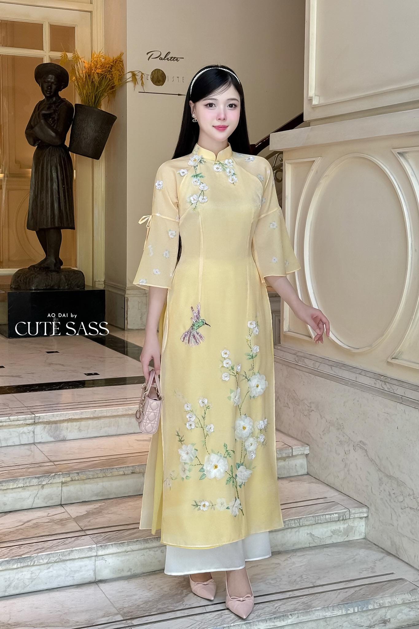 Light Yellow 3D Blossoms Ao Dai Set 22D|Pre-made Modernized Vietnamese Ao Dai| Women Ao Dai with Pants | Lunar New Year| Ao Dai Cach Tan|