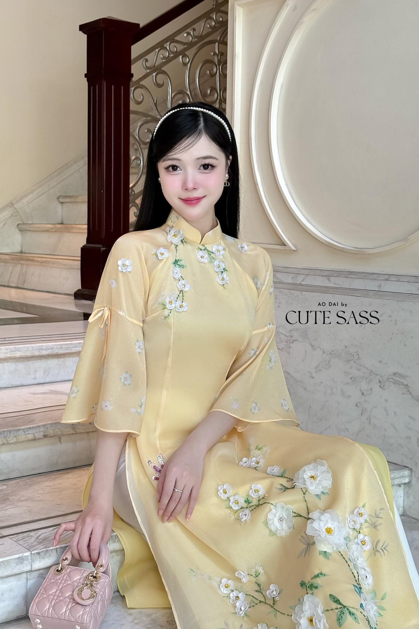 Light Yellow 3D Blossoms Ao Dai Set 22D|Pre-made Modernized Vietnamese Ao Dai| Women Ao Dai with Pants | Lunar New Year| Ao Dai Cach Tan|