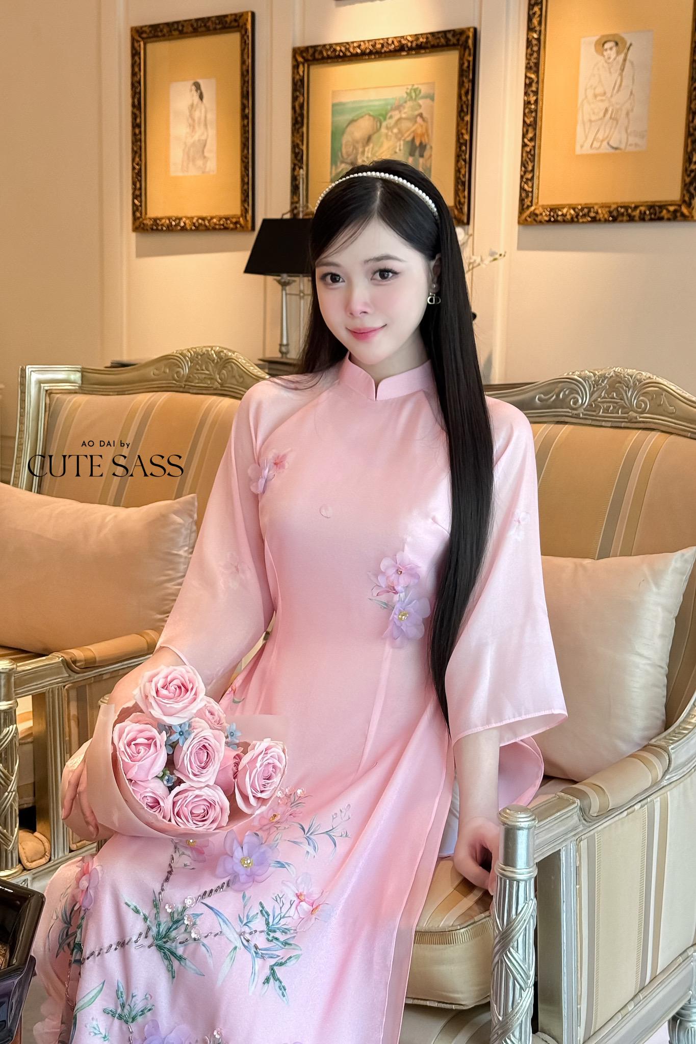 Light Pink 3D Blossoms Ao Dai Set 22D|Pre-made Modernized Vietnamese Ao Dai| Women Ao Dai with Pants | Lunar New Year| Ao Dai Cach Tan|