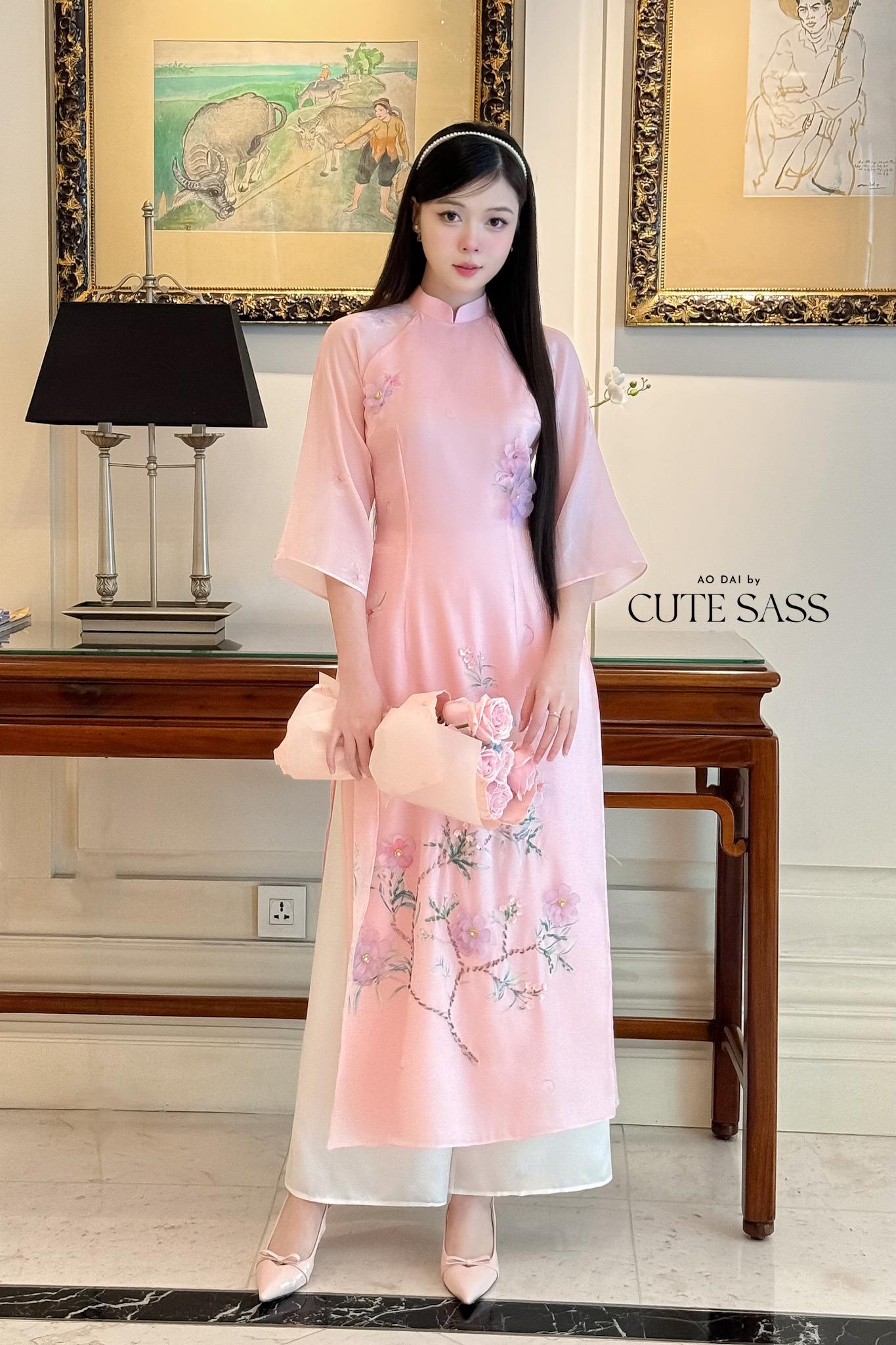 Light Pink 3D Blossoms Ao Dai Set 22D|Pre-made Modernized Vietnamese Ao Dai| Women Ao Dai with Pants | Lunar New Year| Ao Dai Cach Tan|