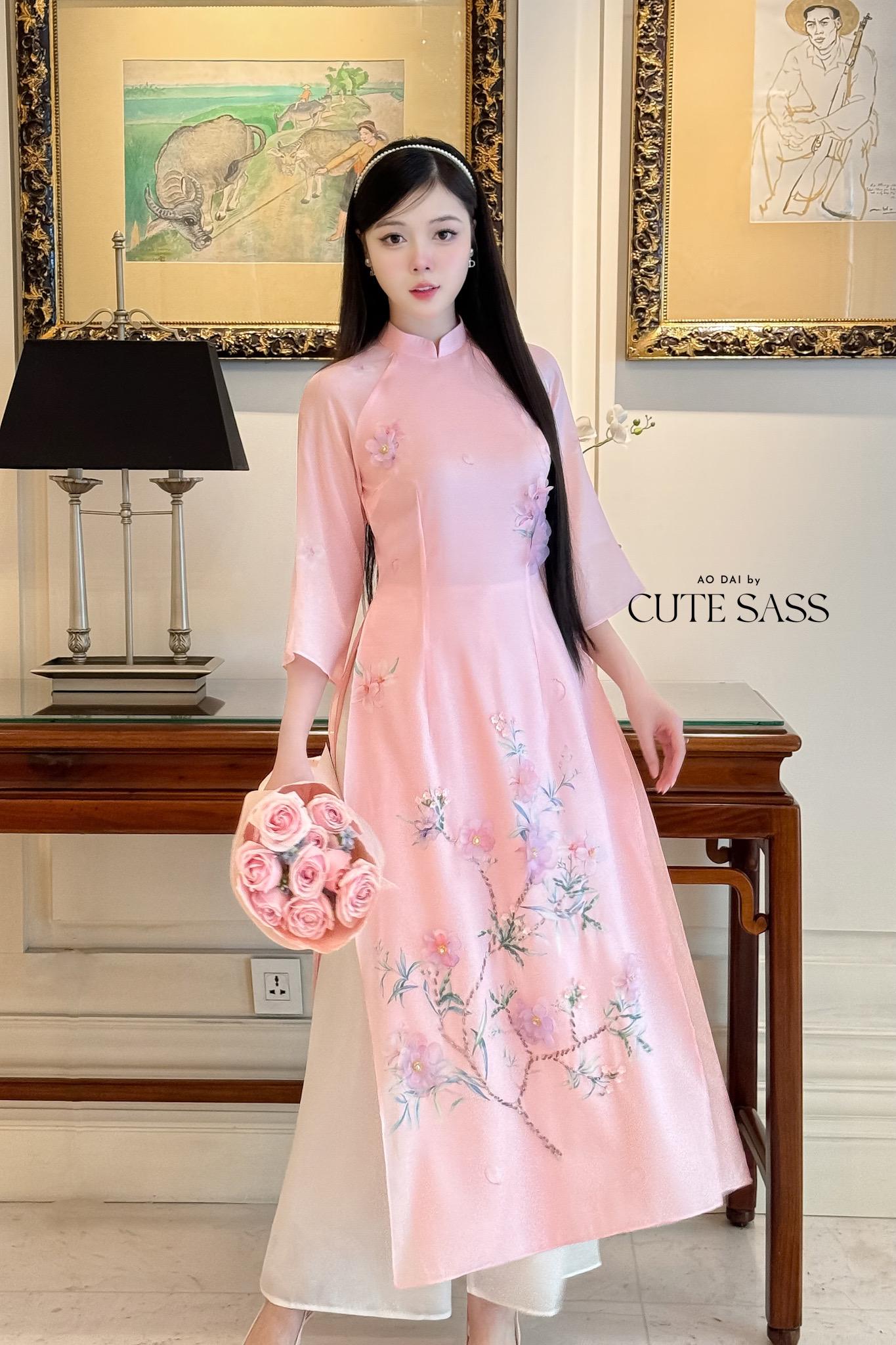 Light Pink 3D Blossoms Ao Dai Set 22D|Pre-made Modernized Vietnamese Ao Dai| Women Ao Dai with Pants | Lunar New Year| Ao Dai Cach Tan|