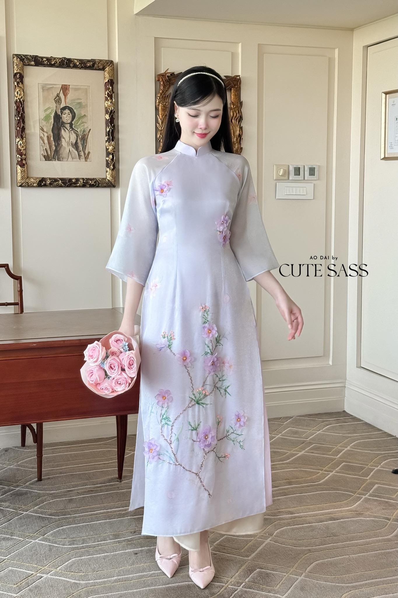 Light Purple 3D Blossoms Ao Dai Set 21D|Pre-made Modernized Vietnamese Ao Dai| Women Ao Dai with Pants | Lunar New Year| Ao Dai Cach Tan|