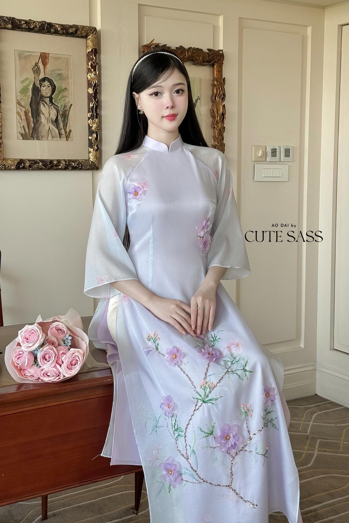 Light Purple 3D Blossoms Ao Dai Set 21D|Pre-made Modernized Vietnamese Ao Dai| Women Ao Dai with Pants | Lunar New Year| Ao Dai Cach Tan|