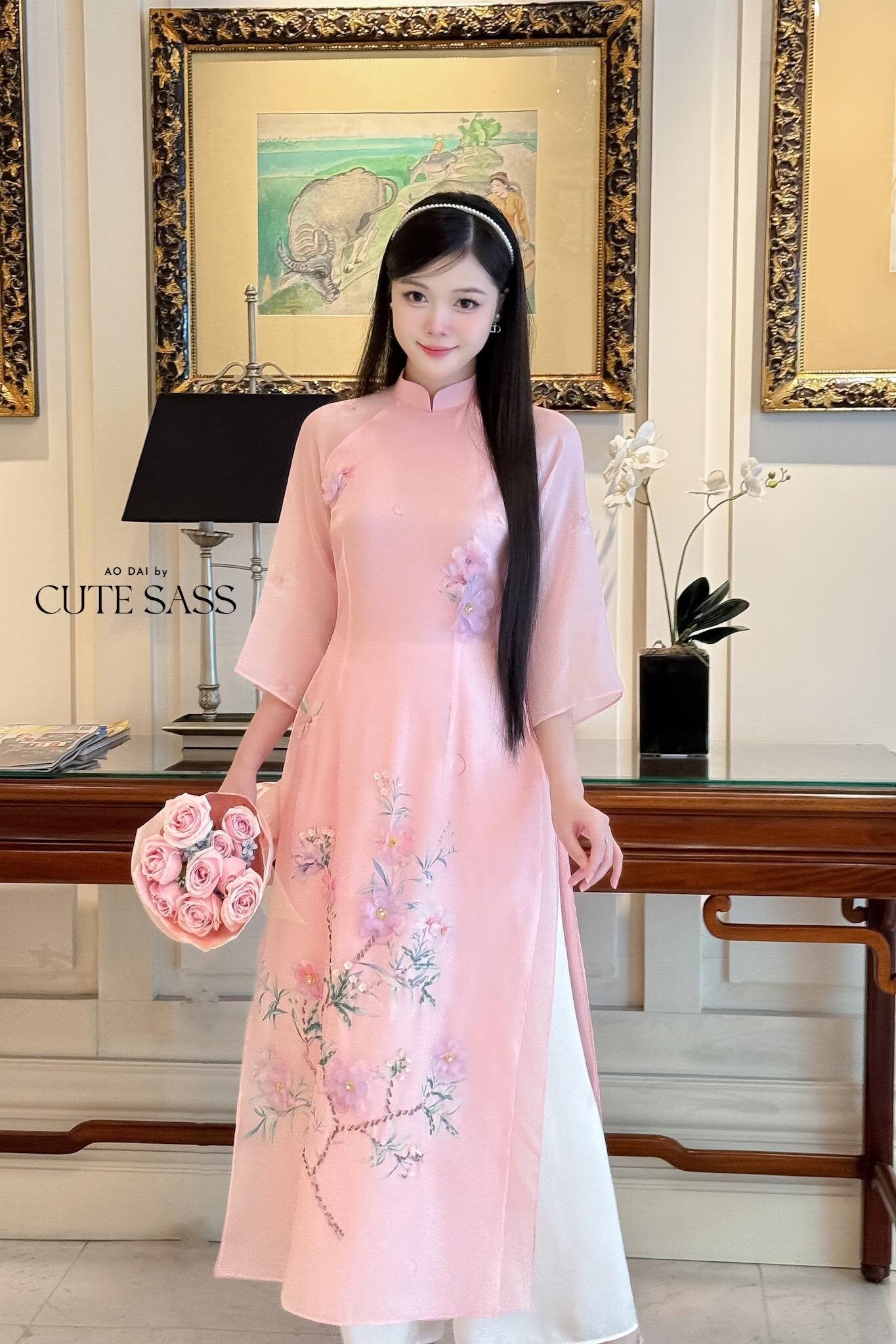 Light Pink 3D Blossoms Ao Dai Set 22D|Pre-made Modernized Vietnamese Ao Dai| Women Ao Dai with Pants | Lunar New Year| Ao Dai Cach Tan|