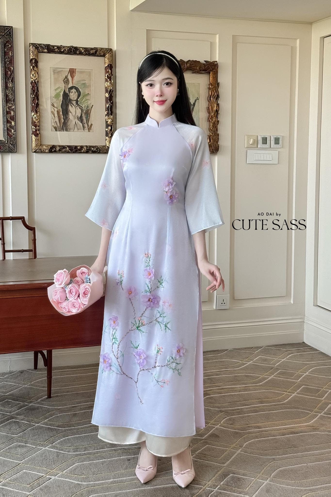 Light Purple 3D Blossoms Ao Dai Set 21D|Pre-made Modernized Vietnamese Ao Dai| Women Ao Dai with Pants | Lunar New Year| Ao Dai Cach Tan|