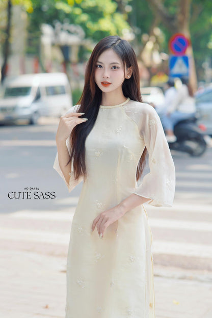 Cream Tassel Embroidery Roses Ao Dai Set 29A|Pre-made Modernized Vietnamese Ao Dai| Women Ao Dai with Pants | Lunar New Year|