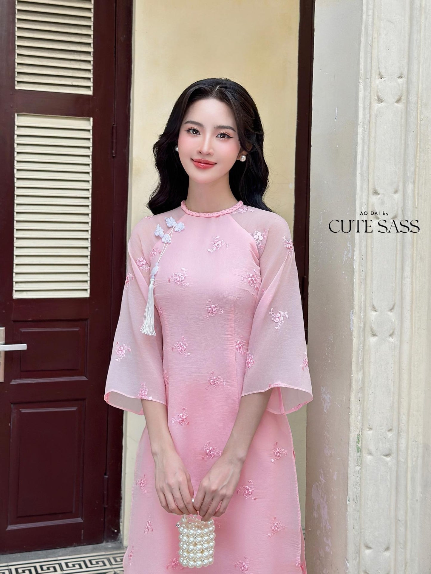 Pink Tassel Embroidery Roses Ao Dai Set 29A|Pre-made Modernized Vietnamese Ao Dai| Women Ao Dai with Pants | Lunar New Year|