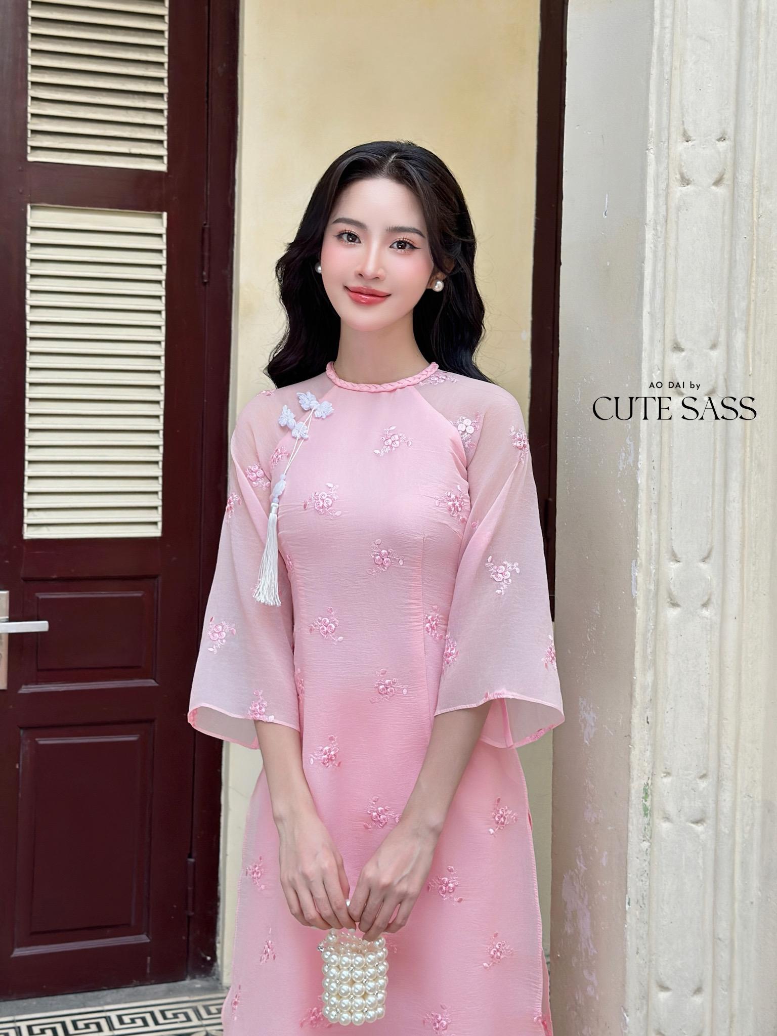 Pink Tassel Embroidery Roses Ao Dai Set 29A|Pre-made Modernized Vietnamese Ao Dai| Women Ao Dai with Pants | Lunar New Year|