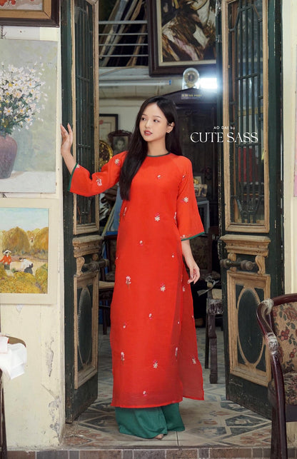 Shifted Red Sakura Ao Dai Top with Green Pants 21-22B|Pre-made Modernized Vietnamese Ao Dai|Pastel Ao Dai |Lunar New Year|