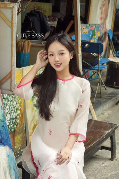 Shifted Cream Sakura Ao Dai Top with Hot Pink Pants 21-22B|Pre-made Modernized Vietnamese Ao Dai|Pastel Ao Dai |Lunar New Year|
