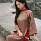 Green/Pink High Collar Tu Minh Pattern Silk with Buttons Ao Dai Set 12-13B|Pre-made Modernized Vietnamese Ao Dai with Pants | Lunar New Year