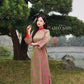 Green/Pink High Collar Tu Minh Pattern Silk with Buttons Ao Dai Set 12-13B|Pre-made Modernized Vietnamese Ao Dai with Pants | Lunar New Year