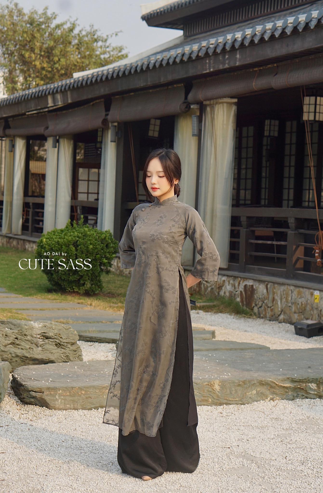 Charcoal Shifted Bamboo Hidden Patterns with Buttons Ao Dai Top Only, NO PANTS 5BC| Pre-made Modern Viet Ao Dai | Lunar New Year