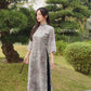 Shifted Charcoal Printed Chiffon Ao Dai Top Only, NO PANTS 4A| Pre-made Modern Viet Ao Dai| Pastel Ao Dai | Lunar New Year