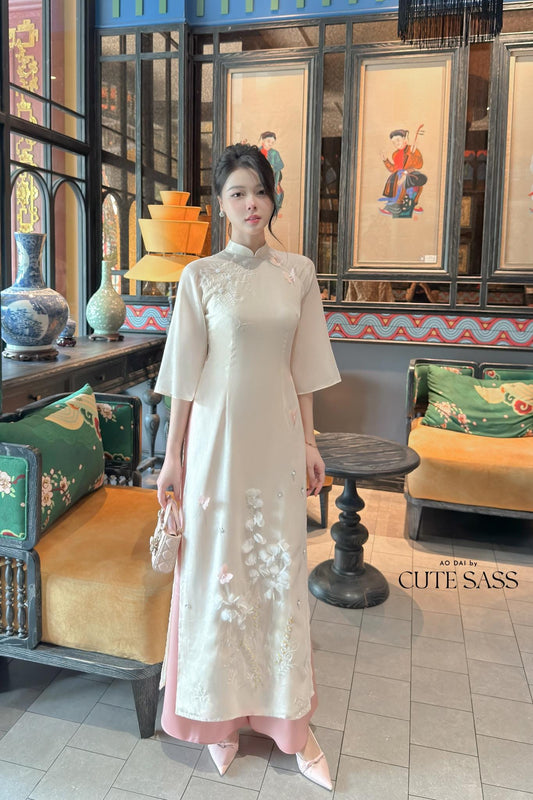 Yen Oanh - Cream 3D Linh Lan Butterflies Ao Dai Set 19C|Pre-made Traditional Vietnamese Women Ao Dai with Pants|Lunar New Year|