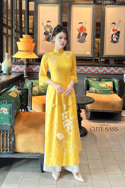 Yen Oanh - Yellow 3D Linh Lan Ao Butterflies Dai Set 19C|Pre-made Traditional Vietnamese Women Ao Dai with Pants|Lunar New Year|