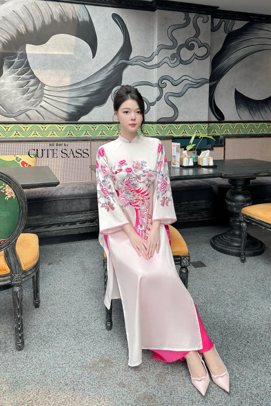 Yen Oanh - Cream Printed Peacock Ao Dai Set 21C|Pre-made Traditional Vietnamese Women Ao Dai with Pants|Lunar New Year|Ao Dai Cach Tan