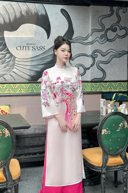 Yen Oanh - Cream Printed Peacock Ao Dai Set 21C|Pre-made Traditional Vietnamese Women Ao Dai with Pants|Lunar New Year|Ao Dai Cach Tan