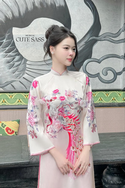 Yen Oanh - Cream Printed Peacock Ao Dai Set 21C|Pre-made Traditional Vietnamese Women Ao Dai with Pants|Lunar New Year|Ao Dai Cach Tan