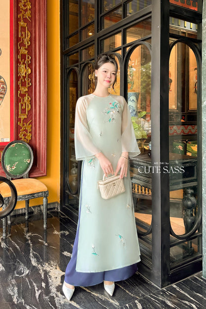 Nhien Ha - Cyan Embroidery Daisy Branches Ao Dai Set |Pre-made Traditional Vietnamese Women Ao Dai with Pants|Lunar New Year|Ao Dai Cach Tan