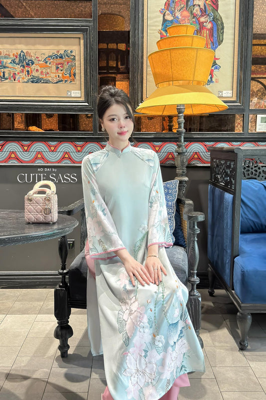 Nhien Ha - Blue Printed Magnolia Ao Dai Set 22C|Pre-made Traditional Vietnamese Women Ao Dai with Pants|Lunar New Year|Ao Dai Cach Tan