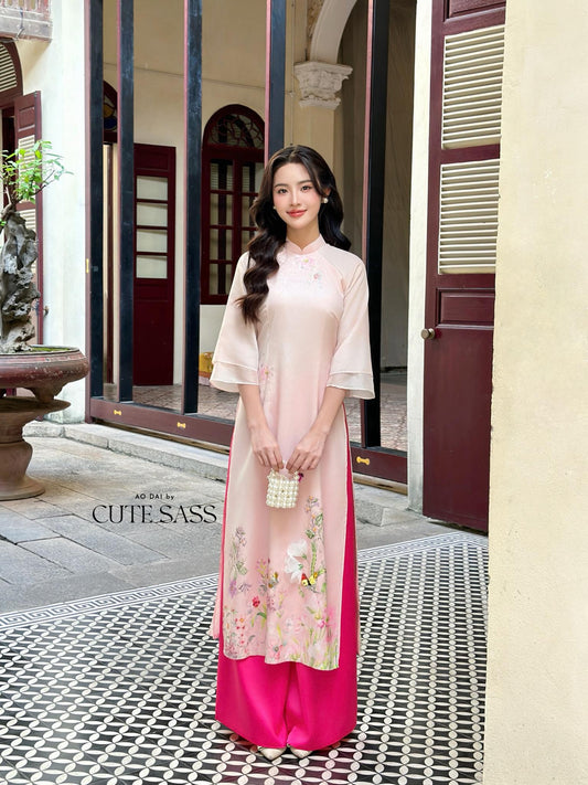 Yen Oanh - Pink Sparkle Garden Butterflies Dai Set 23A|Pre-made Traditional Vietnamese Women Ao Dai with Pants|Lunar New Year|