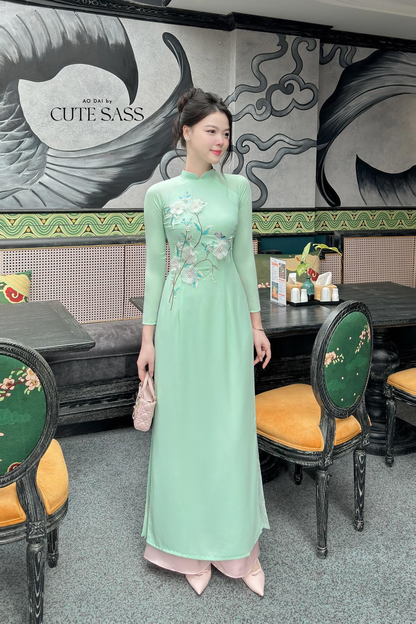 Cyan 3D Flowers Sparrow Embroidery Ao Dai Set 11A|Pre-made Traditional Vietnamese Ao Dai with Pants|Lunar New Year| Ao Dai Truyen Thong|