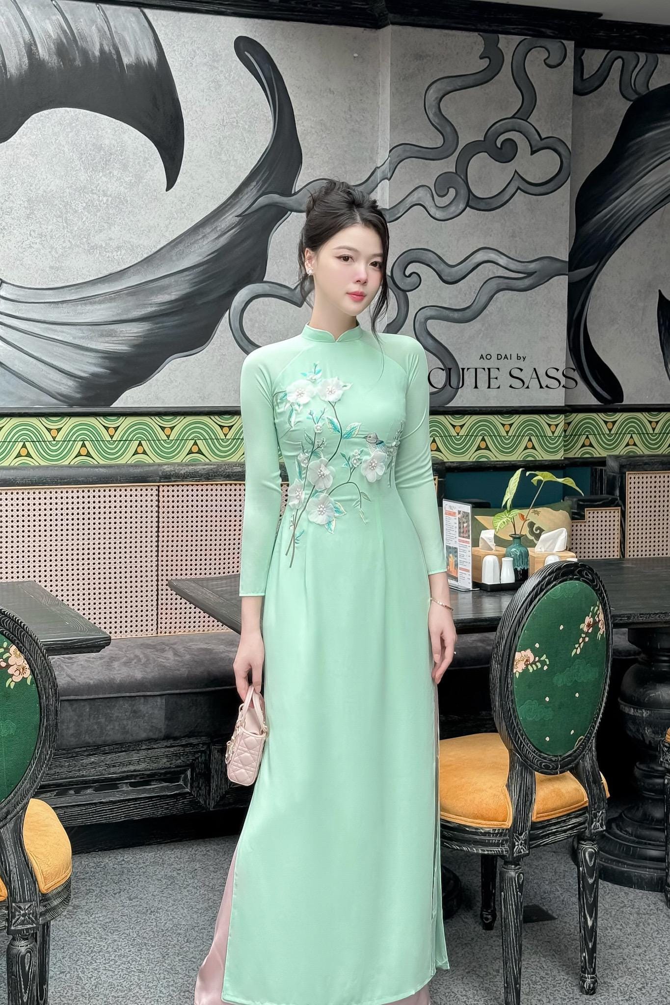 Cyan 3D Flowers Sparrow Embroidery Ao Dai Set 11A|Pre-made Traditional Vietnamese Ao Dai with Pants|Lunar New Year| Ao Dai Truyen Thong|