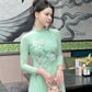 Cyan 3D Flowers Sparrow Embroidery Ao Dai Set 11A|Pre-made Traditional Vietnamese Ao Dai with Pants|Lunar New Year| Ao Dai Truyen Thong|