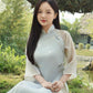 Pastel Blue Sakura Pearls with Sheer Sleeves Ao Dai Top Only, NO PANTS |Pre-made Modernized Vietnamese Ao Dai|Pastel Pink Ao Dai|