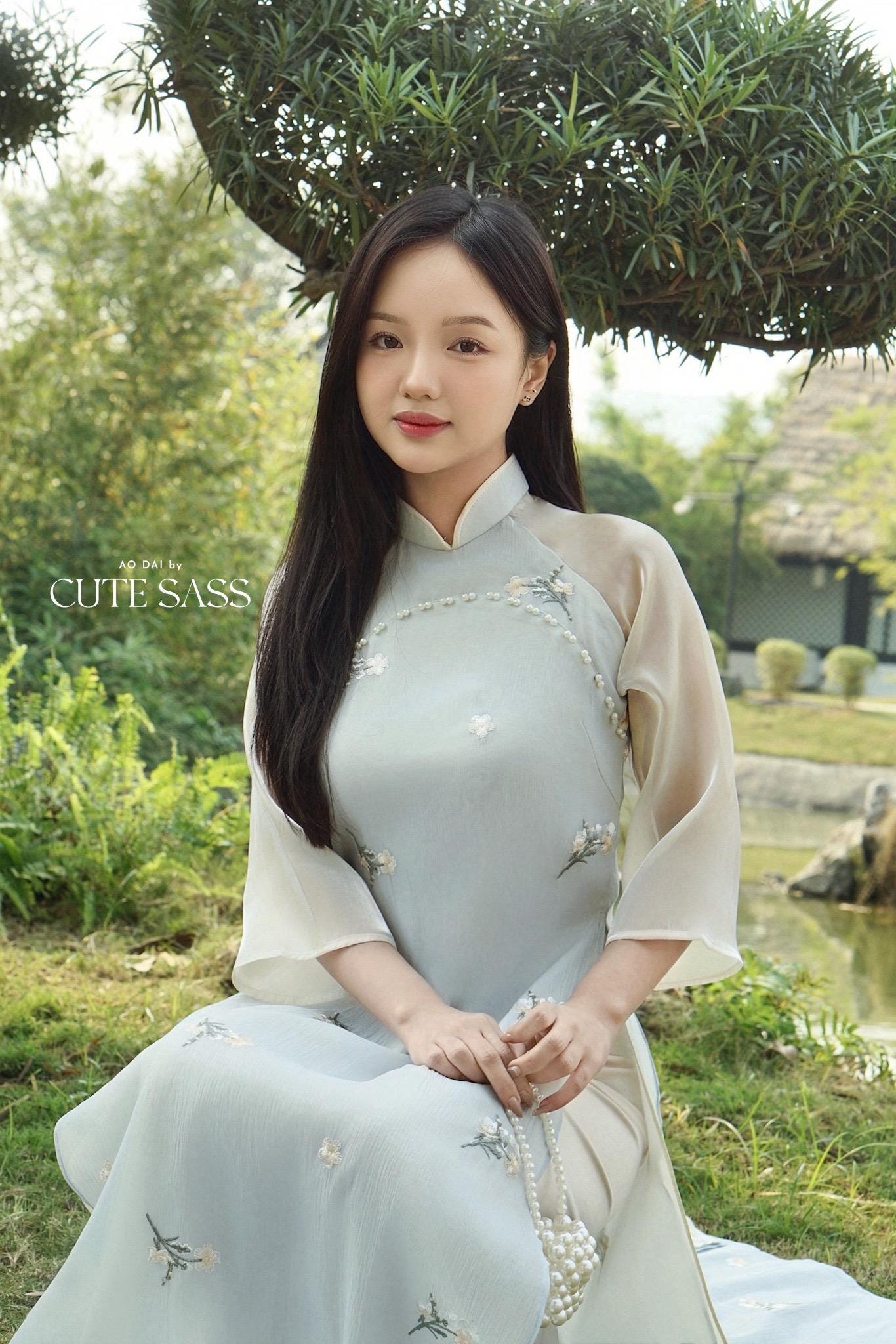 Pastel Blue Sakura Pearls with Sheer Sleeves Ao Dai Top Only, NO PANTS |Pre-made Modernized Vietnamese Ao Dai|Pastel Pink Ao Dai|