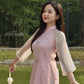 Pink Sakura Pearls with Sheer Sleeves Ao Dai Top Only, NO PANTS |Pre-made Modernized Vietnamese Ao Dai|Pastel Pink Ao Dai|