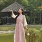 Pink Sakura Pearls with Sheer Sleeves Ao Dai Top Only, NO PANTS |Pre-made Modernized Vietnamese Ao Dai|Pastel Pink Ao Dai|