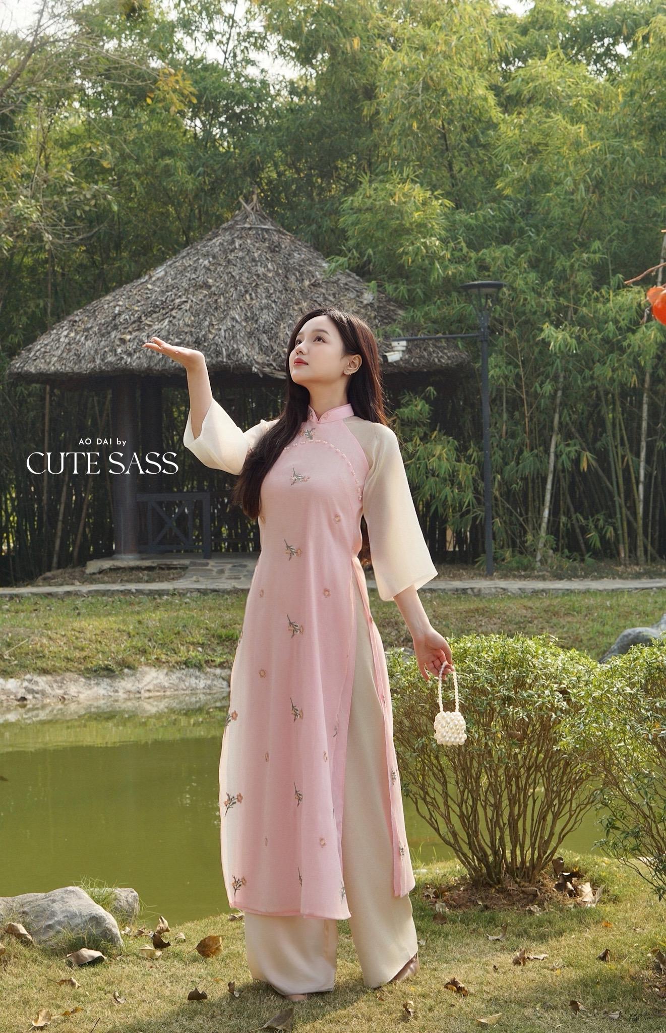 Pink Sakura Pearls with Sheer Sleeves Ao Dai Top Only, NO PANTS |Pre-made Modernized Vietnamese Ao Dai|Pastel Pink Ao Dai|