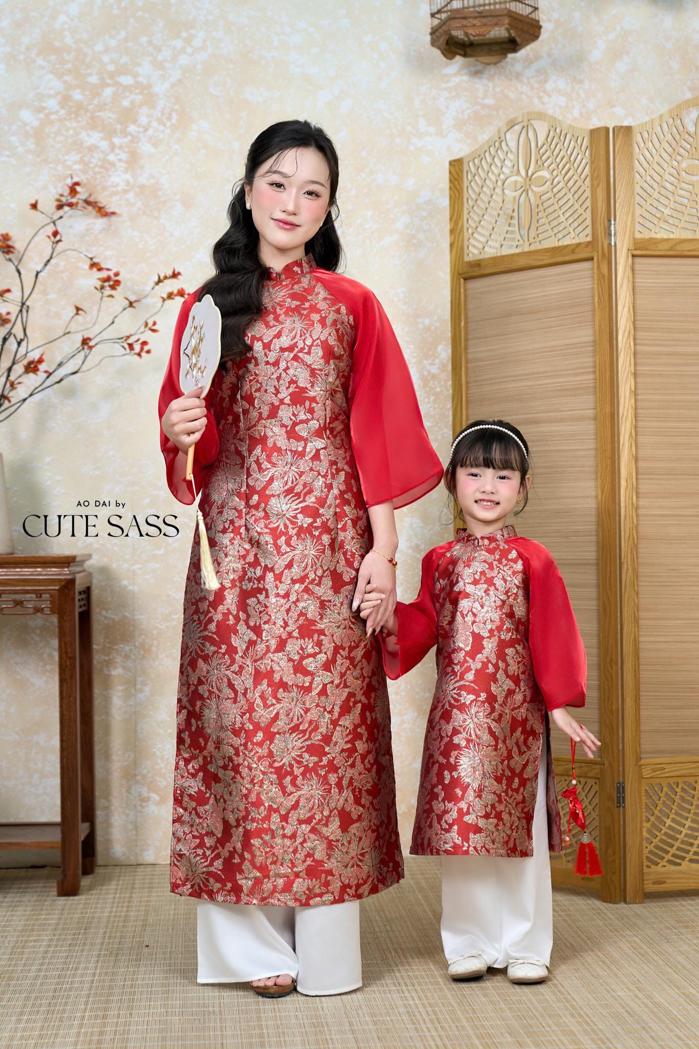 Nhu Y - Mom and Daughter Red/Gold Butterflies Matching Ao Dai Set