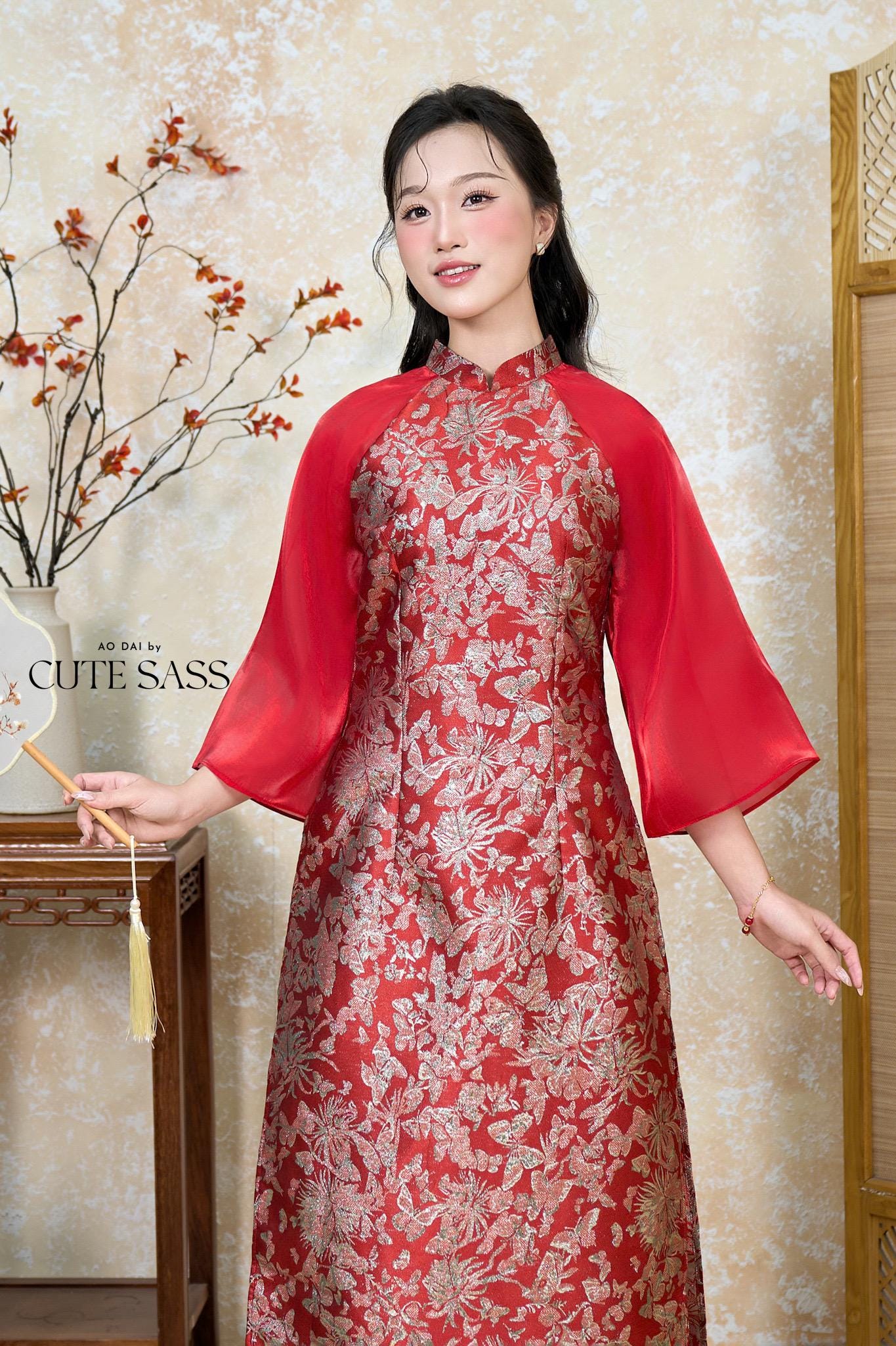 Nhu Y - Mom and Daughter Red/Gold Butterflies Matching Ao Dai Set