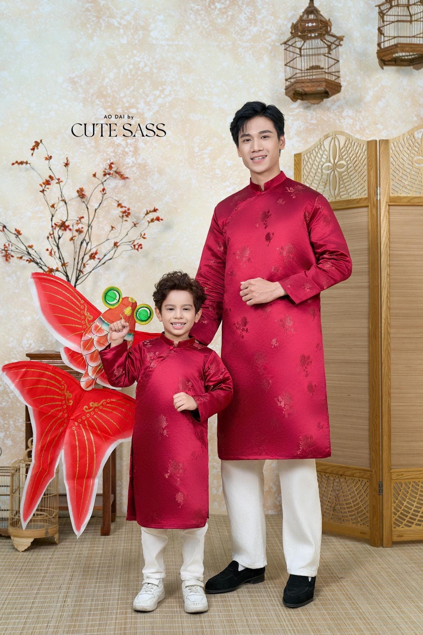 Nhu Y - Men and Boy Maroon Matching Ao Dai Set